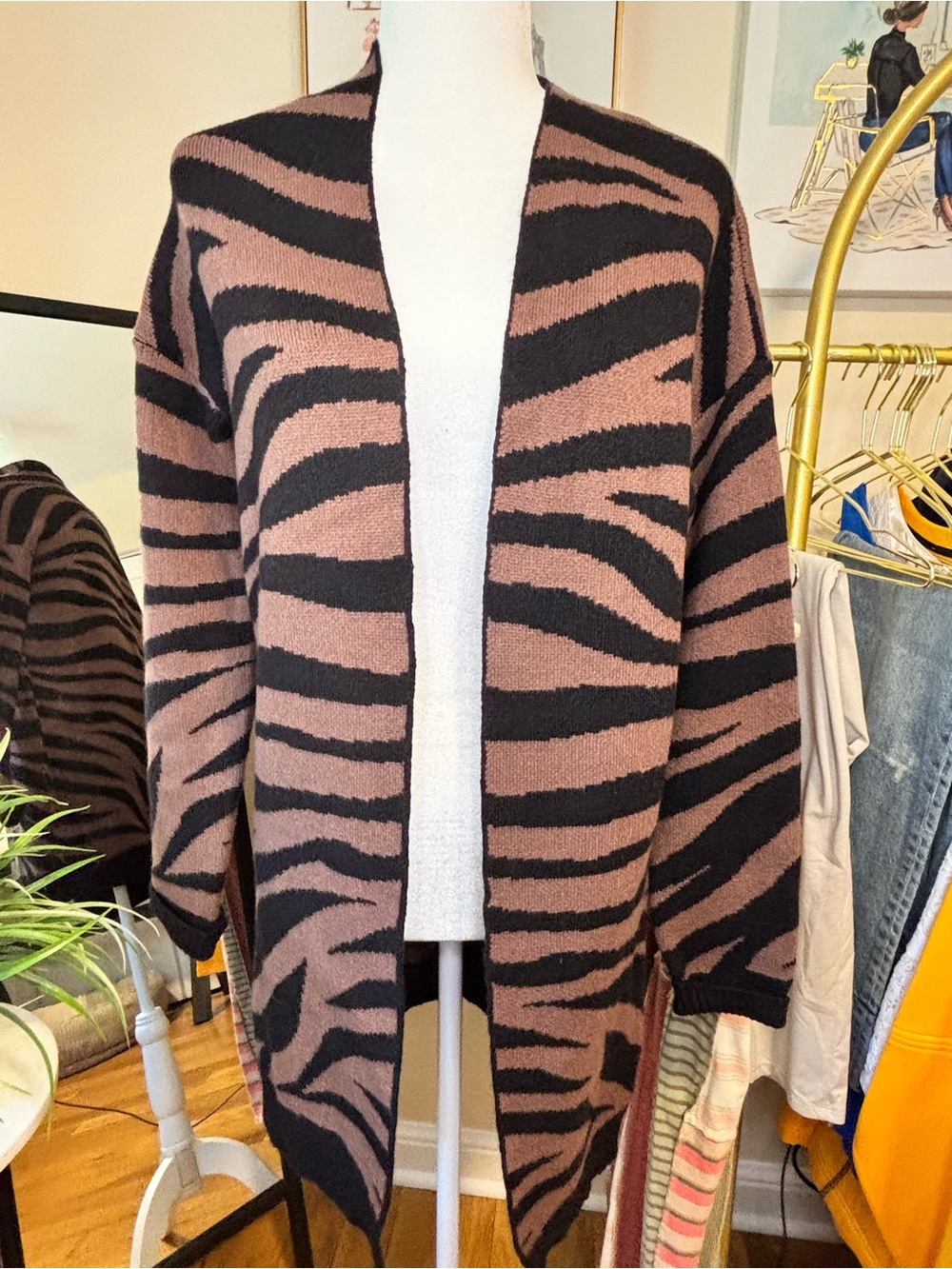 Mystree Women's Open-Front Zebra Print Cardigan Sweater in beige and Black